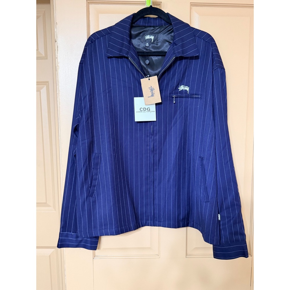 Stussy x CDG Comme des Garcons Pin Striped Bing Jacket Navy Blue XL NWT